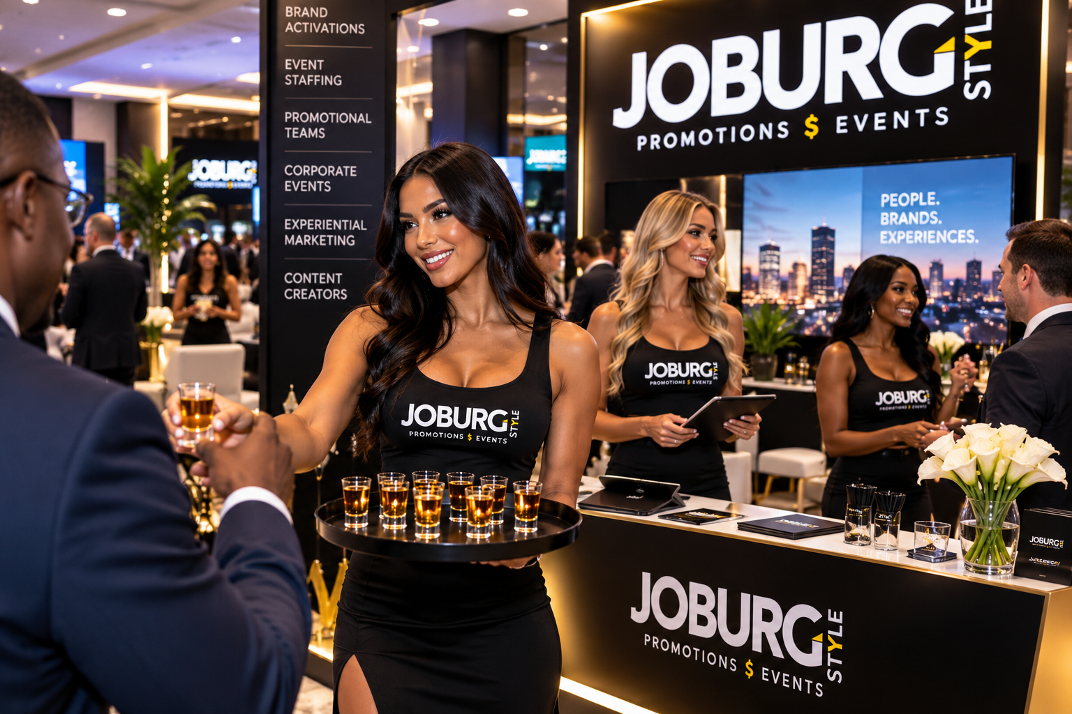 JoburgStyle promotional booth with hosts serving drinks and greeting guests