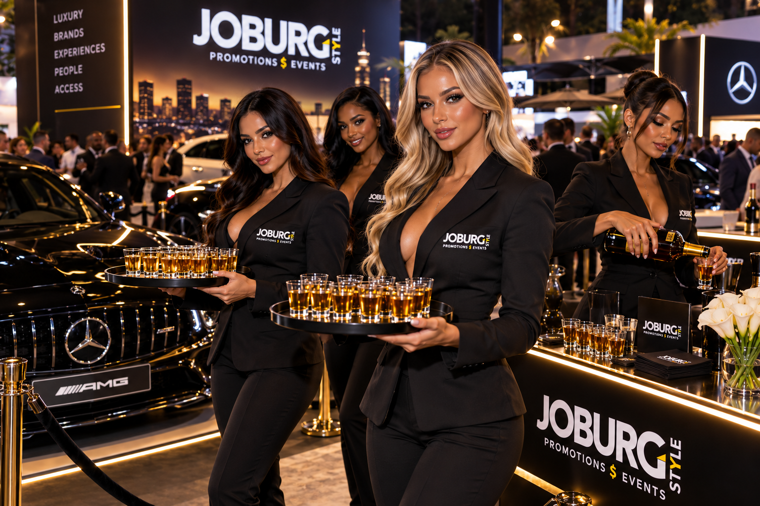 Hosts serving drinks beside luxury vehicles at a branded automotive launch