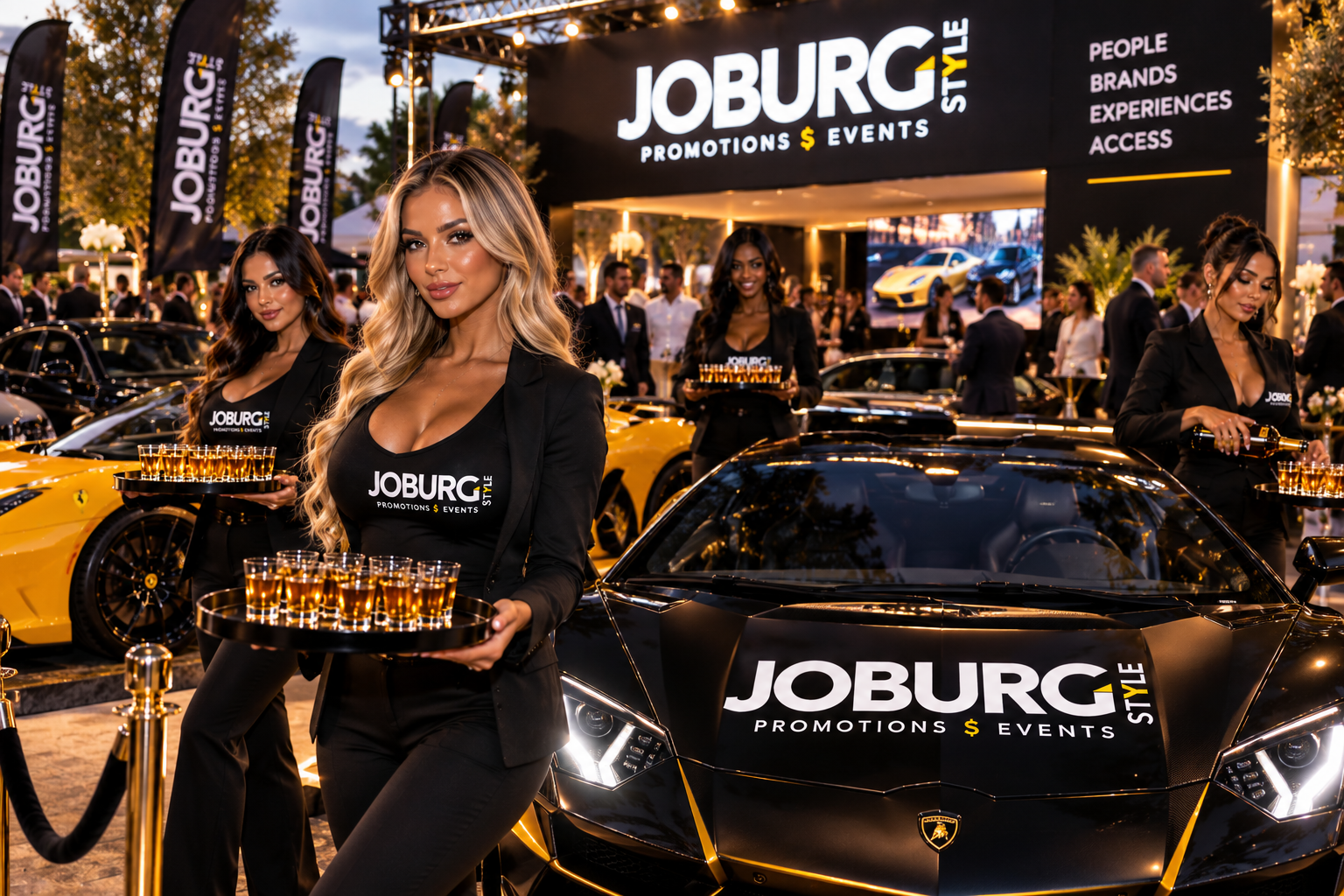 Hosts serving cocktails beside a supercar at a branded luxury showcase